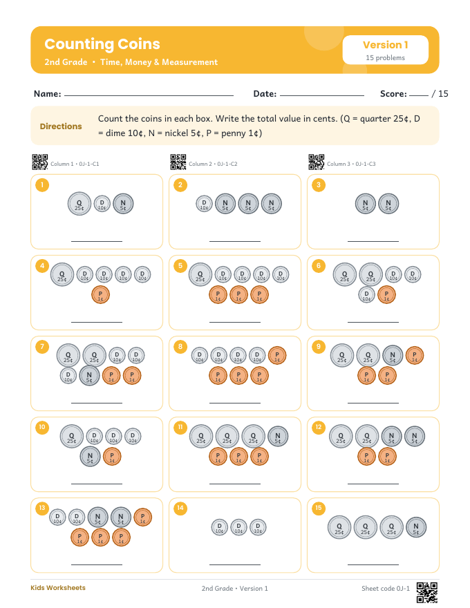Sample worksheet: Counting Coins