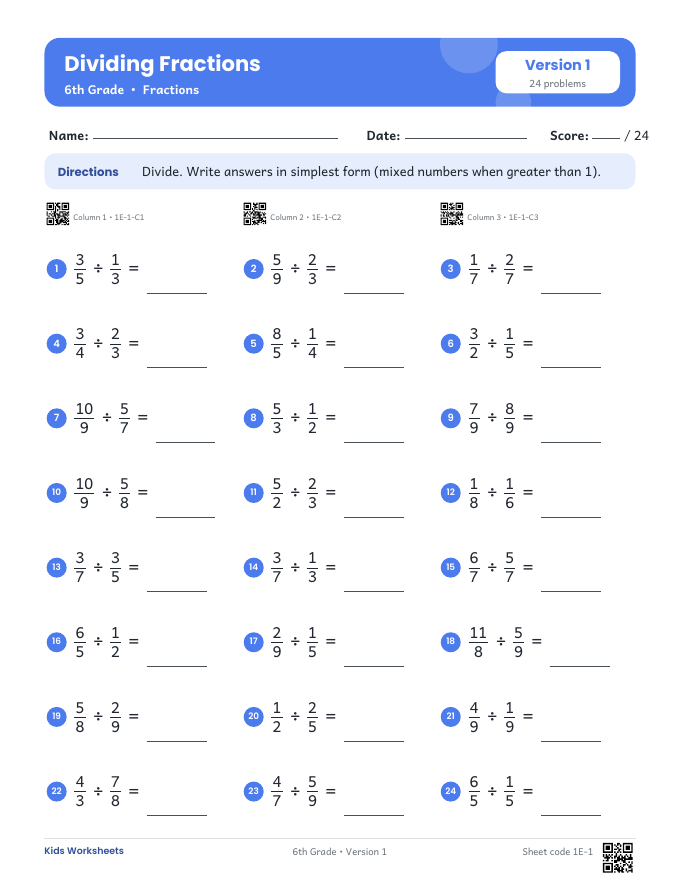 Sample worksheet: Dividing Fractions